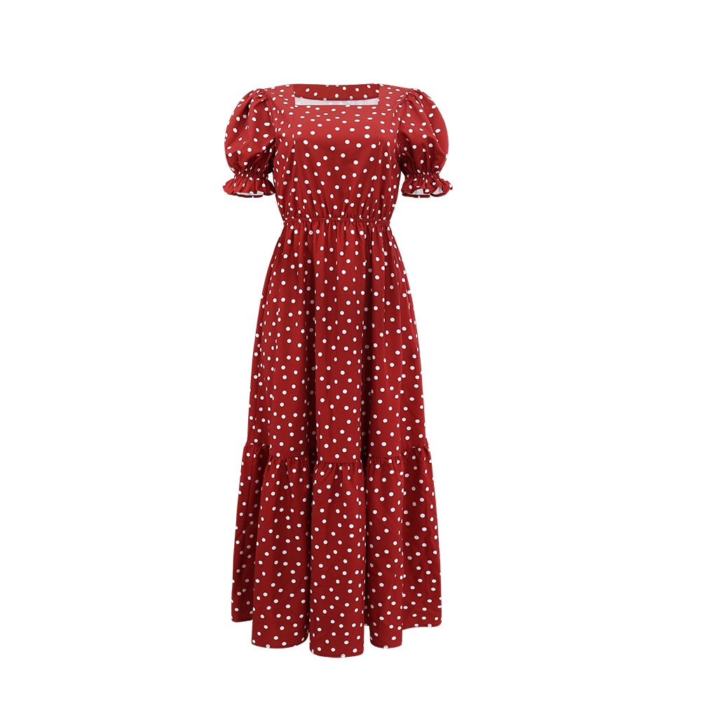 Red retro European style polka dot square collar dress