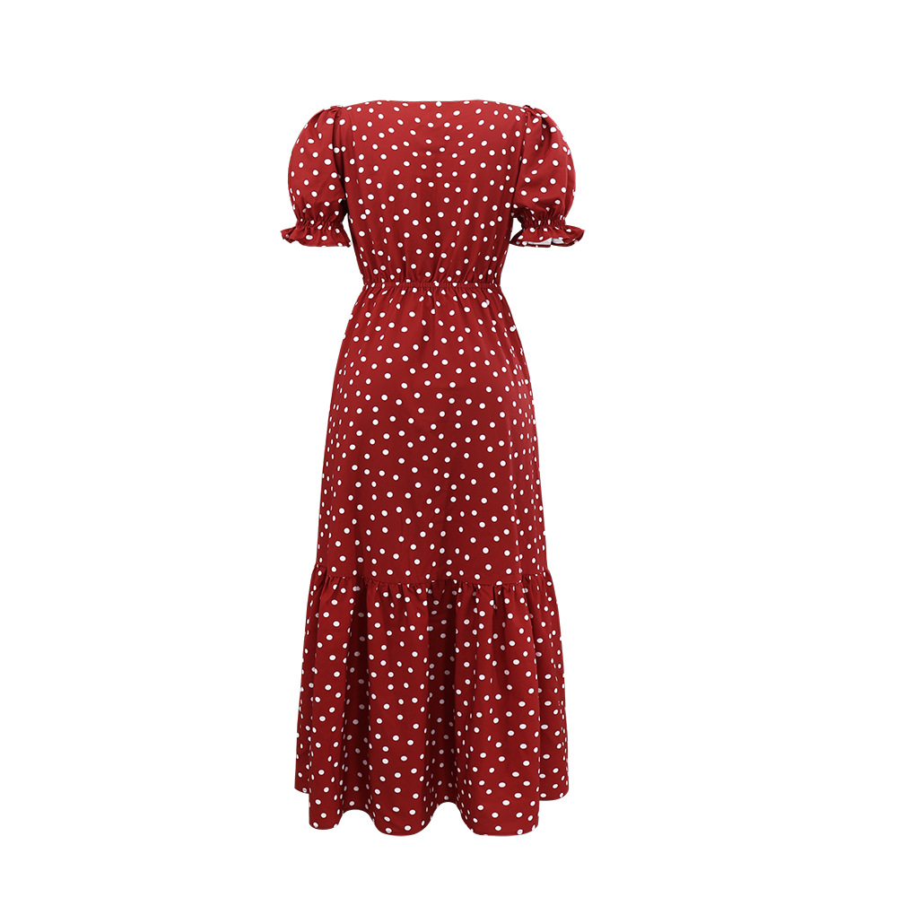 Red retro European style polka dot square collar dress