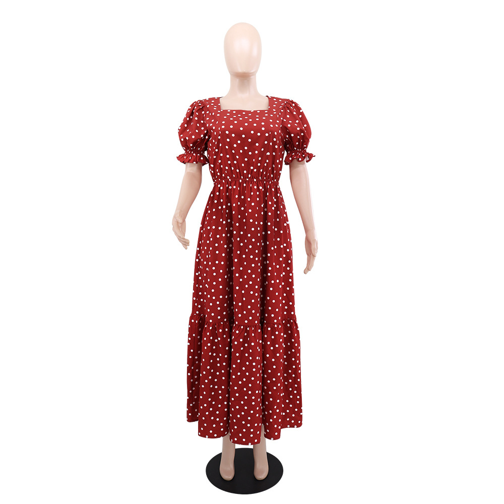 Red retro European style polka dot square collar dress