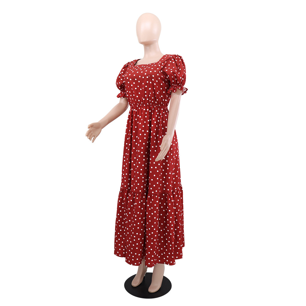 Red retro European style polka dot square collar dress