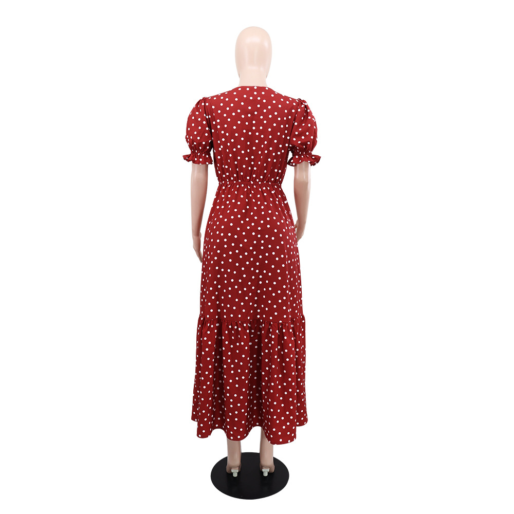 Red retro European style polka dot square collar dress