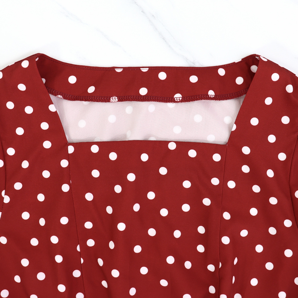 Red retro European style polka dot square collar dress