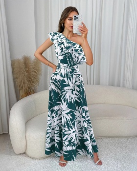 Lotus leaf edges oblique collar long dress temperament dress