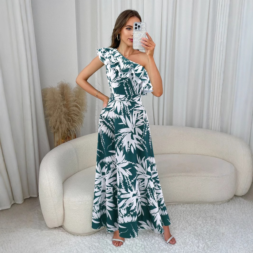 Lotus leaf edges oblique collar long dress temperament dress