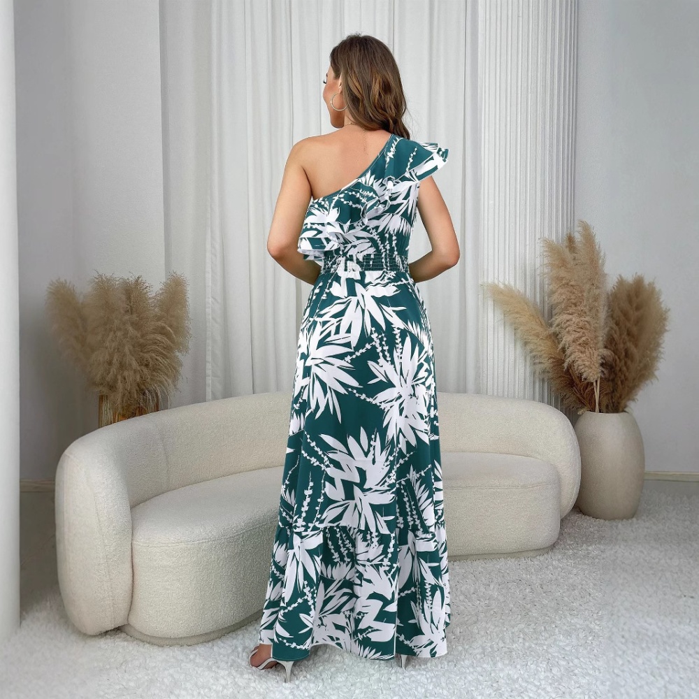 Lotus leaf edges oblique collar long dress temperament dress