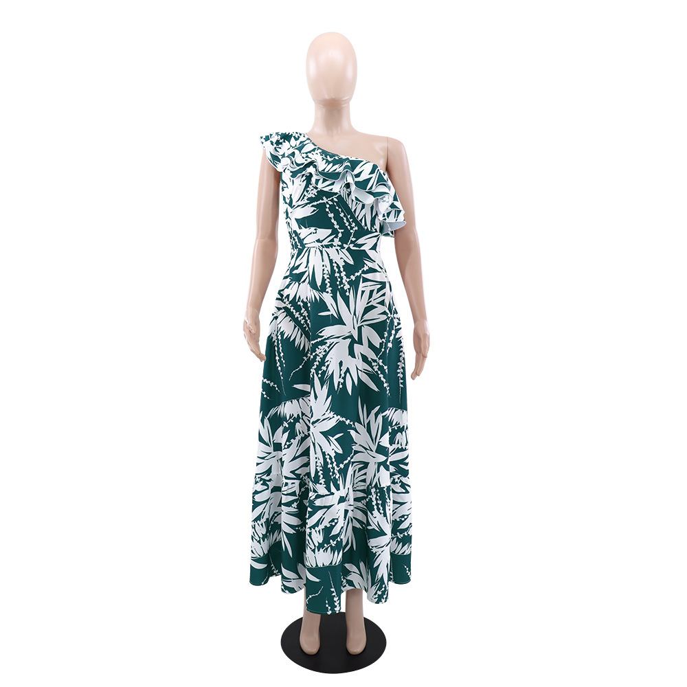 Lotus leaf edges oblique collar long dress temperament dress