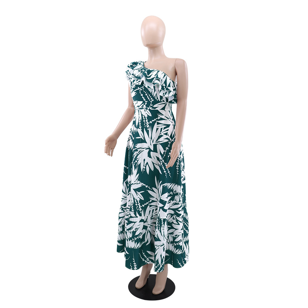 Lotus leaf edges oblique collar long dress temperament dress