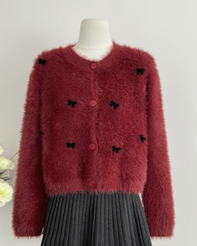 Autumn and winter knitted cardigan plush bow sweater