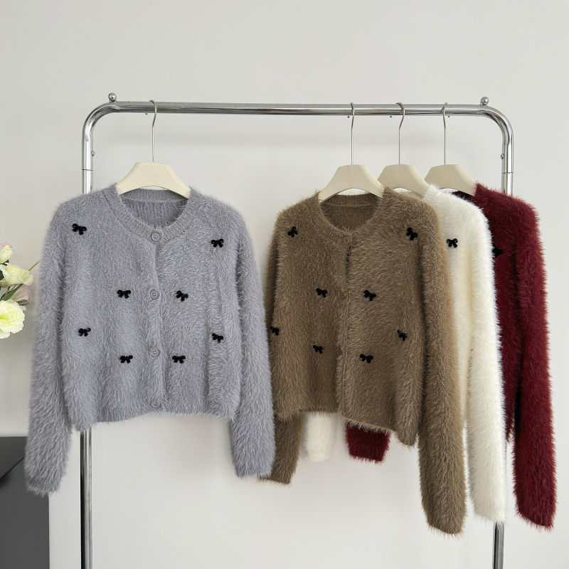 Autumn and winter knitted cardigan plush bow sweater