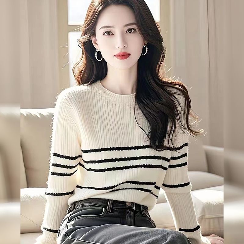 White bottoming shirt stripe sweater for women