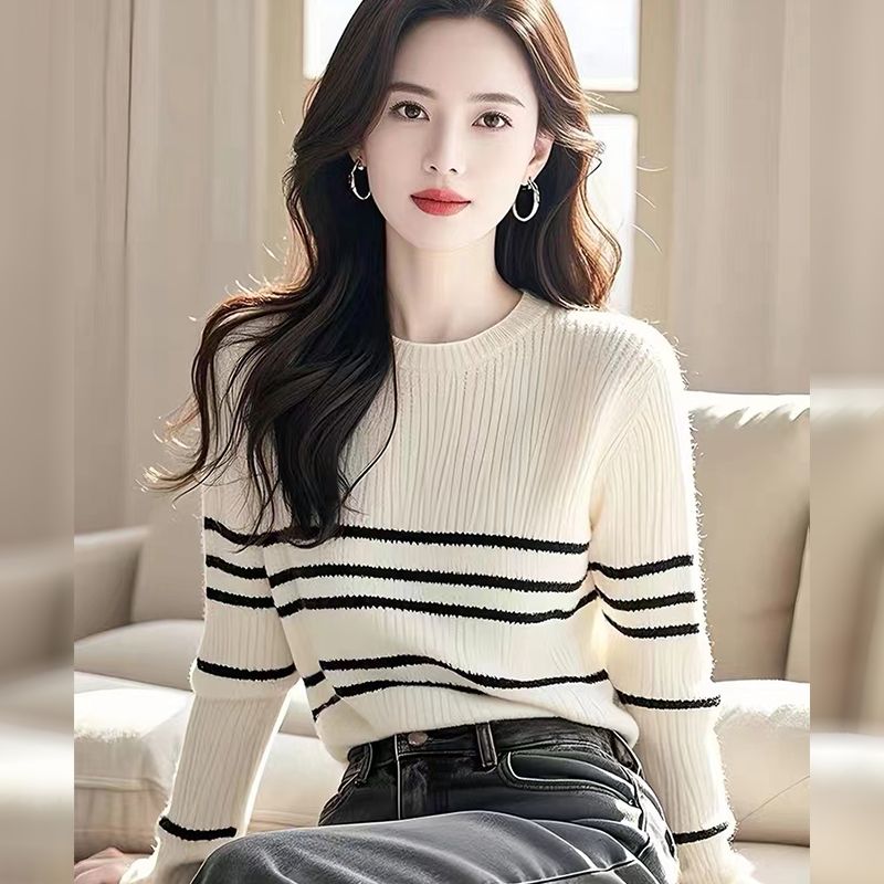 White bottoming shirt stripe sweater for women