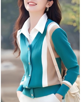 Mixed colors shirt collar autumn and winter sweater