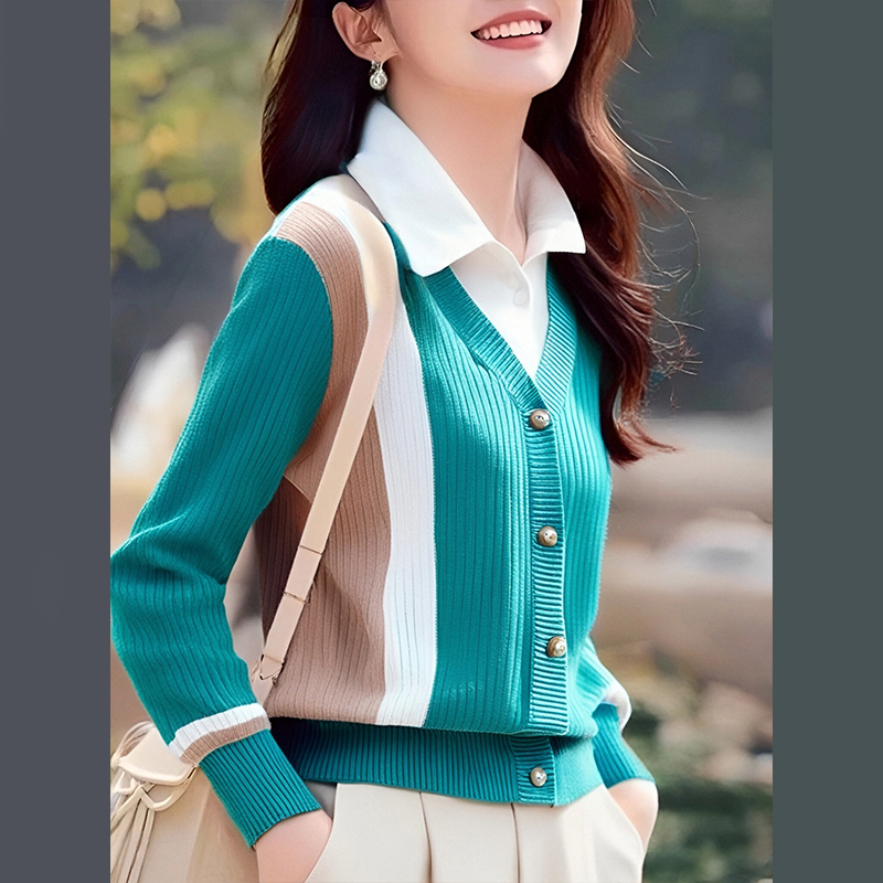 Mixed colors shirt collar autumn and winter sweater