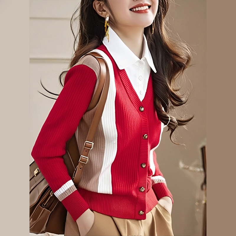 Mixed colors shirt collar autumn and winter sweater