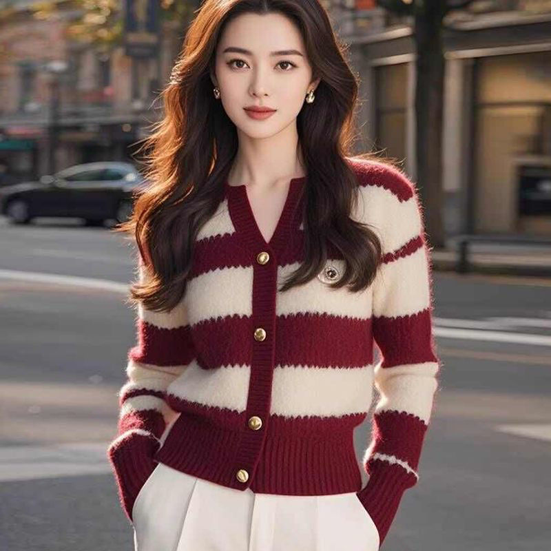 Autumn and winter chanelstyle cardigan stripe tops