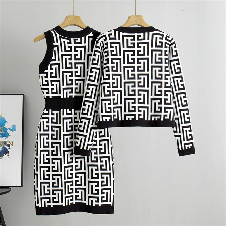 Knitted temperament coat spring dress 2pcs set for women