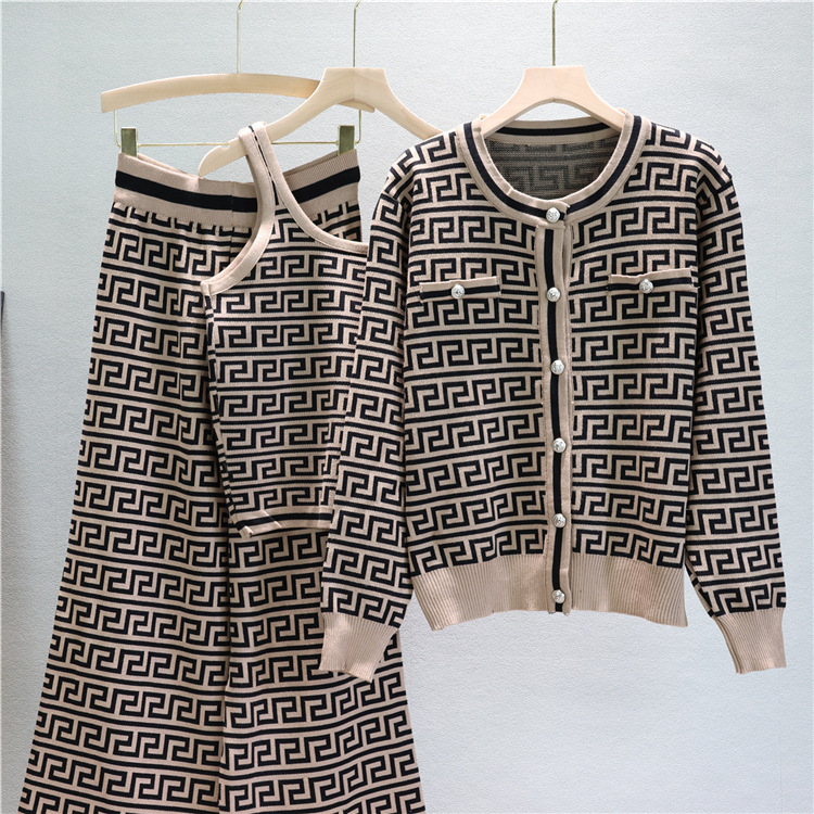 Straight slim coat high waist cardigan 3pcs set for women