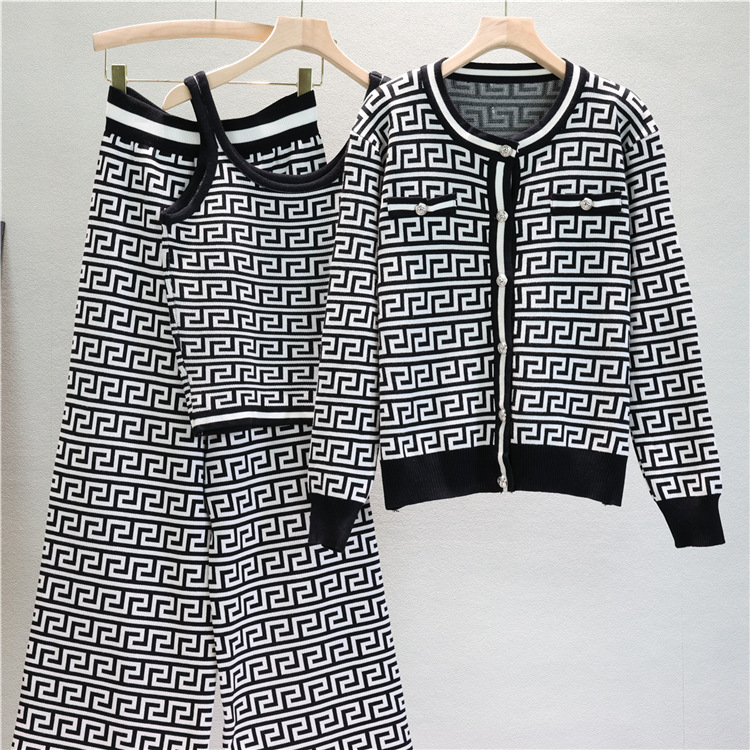 Straight slim coat high waist cardigan 3pcs set for women