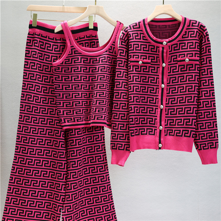 Straight slim coat high waist cardigan 3pcs set for women