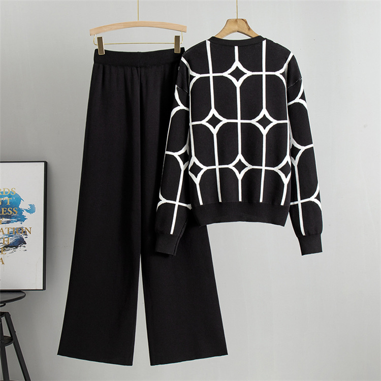 Temperament sweater wide leg pants 2pcs set