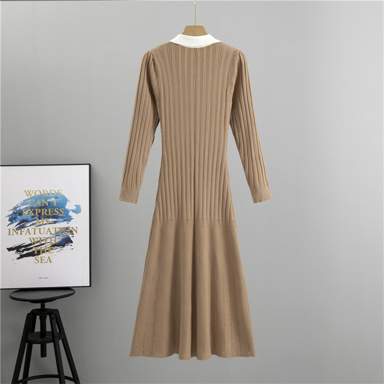 Unique V-neck A-line long dress France style knitted dress