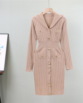 Korean style lapel spring and autumn pure dress for women