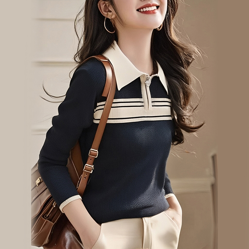 Half zip autumn and winter stripe knitted sweater