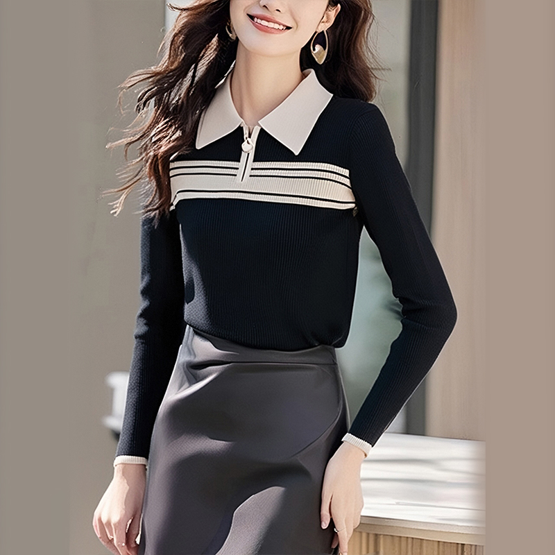 Half zip autumn and winter stripe knitted sweater