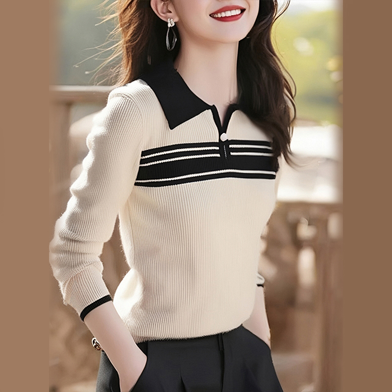 Half zip autumn and winter stripe knitted sweater