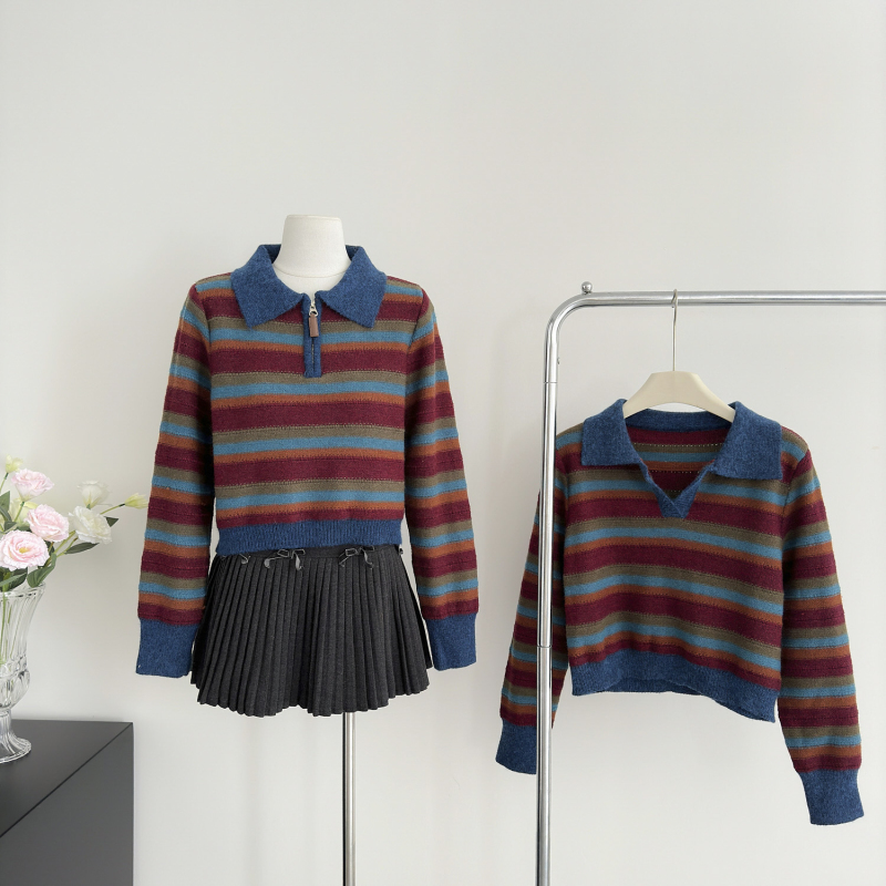 Stripe sweater half zip tops for women