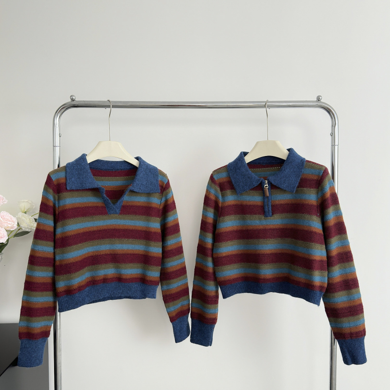 Stripe sweater half zip tops for women