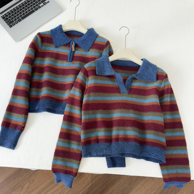 Stripe sweater half zip tops for women