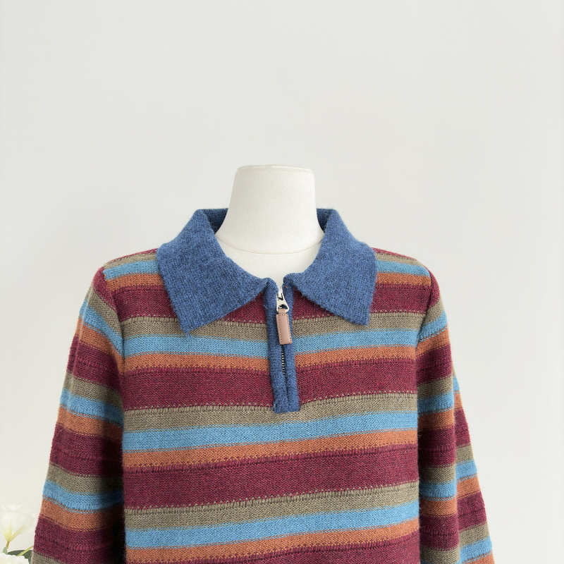 Stripe sweater half zip tops for women