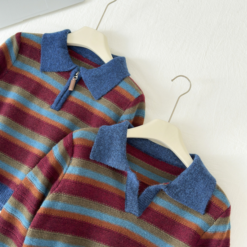 Stripe sweater half zip tops for women