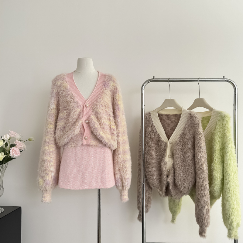 Blooming mink hair coat autumn and winter V-neck tops