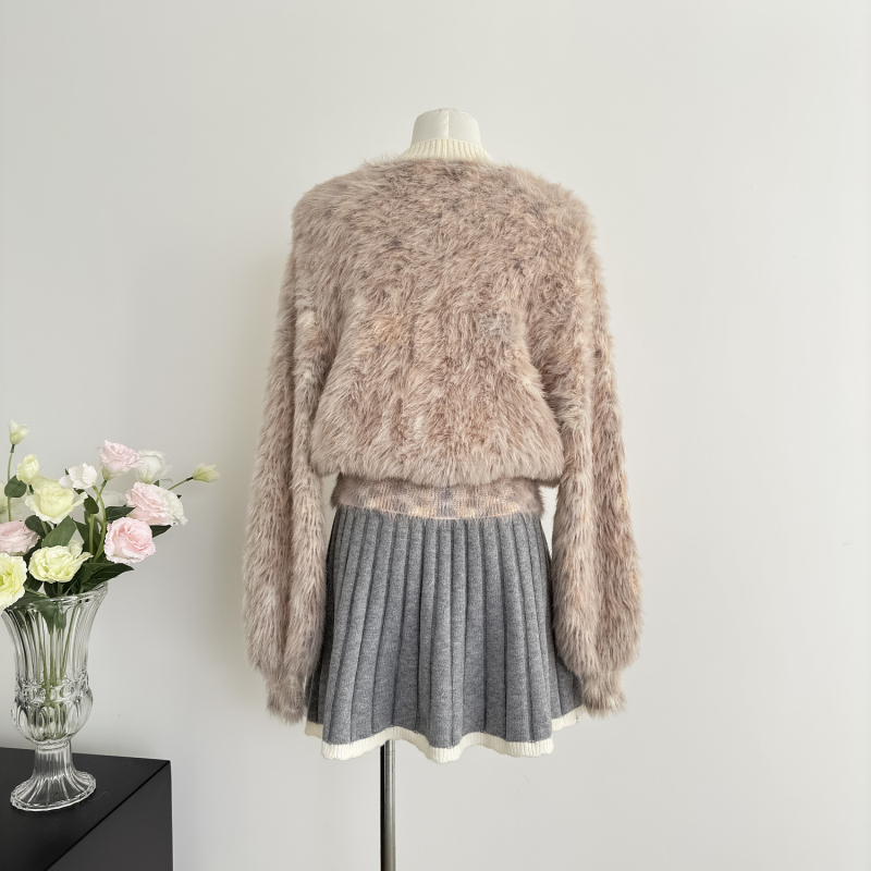 Blooming mink hair coat autumn and winter V-neck tops