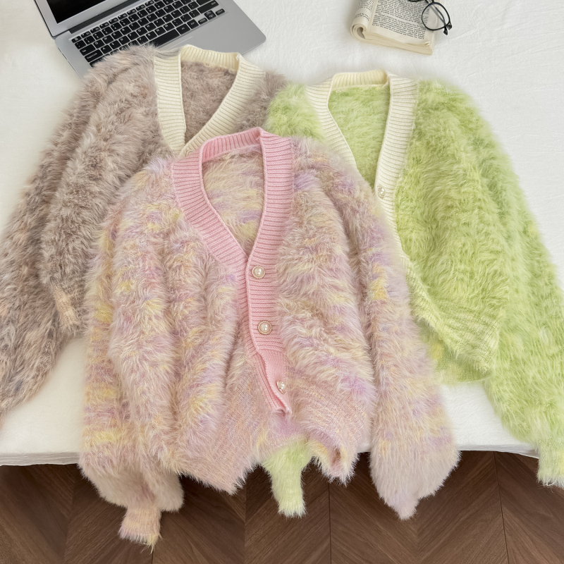 Blooming mink hair coat autumn and winter V-neck tops