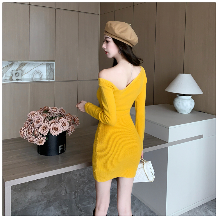 Flowers sweetheart dress sloping shoulder sweater dress