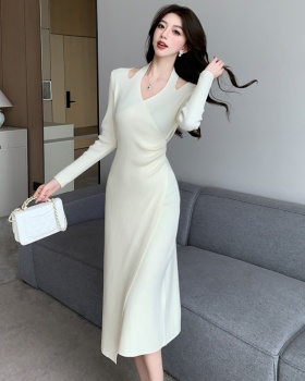 Elegant knitted halter long dress temperament irregular dress