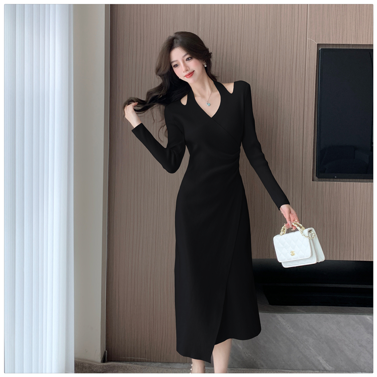 Elegant knitted halter long dress temperament irregular dress