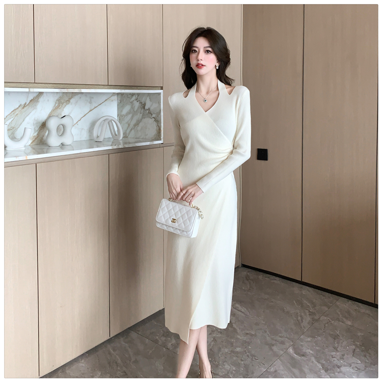 Elegant knitted halter long dress temperament irregular dress