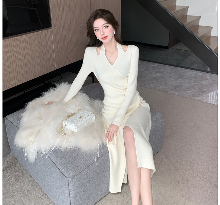 Elegant knitted halter long dress temperament irregular dress