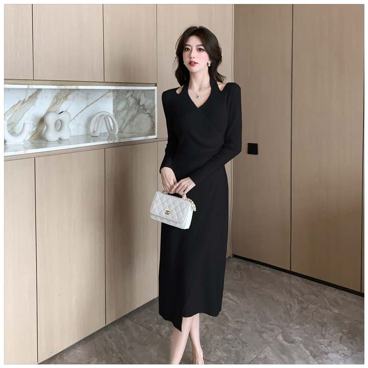 Elegant knitted halter long dress temperament irregular dress