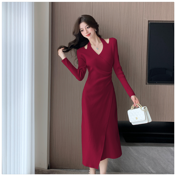 Elegant knitted halter long dress temperament irregular dress