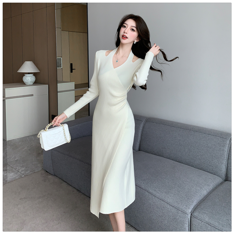 Elegant knitted halter long dress temperament irregular dress