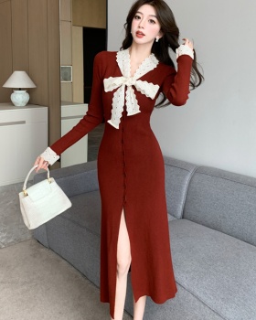 Bow knitted cardigan autumn and winter slim long dress