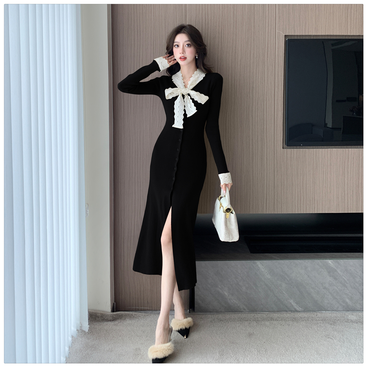 Bow knitted cardigan autumn and winter slim long dress