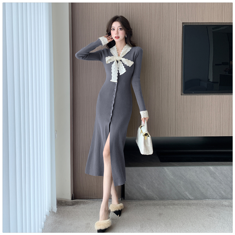 Bow knitted cardigan autumn and winter slim long dress