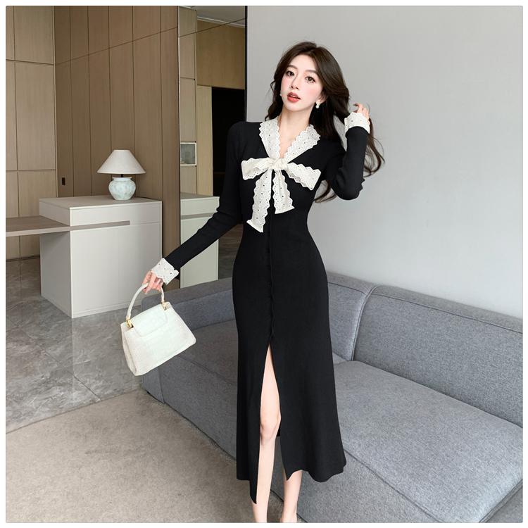 Bow knitted cardigan autumn and winter slim long dress