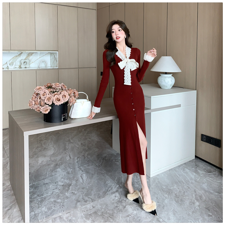 Bow knitted cardigan autumn and winter slim long dress